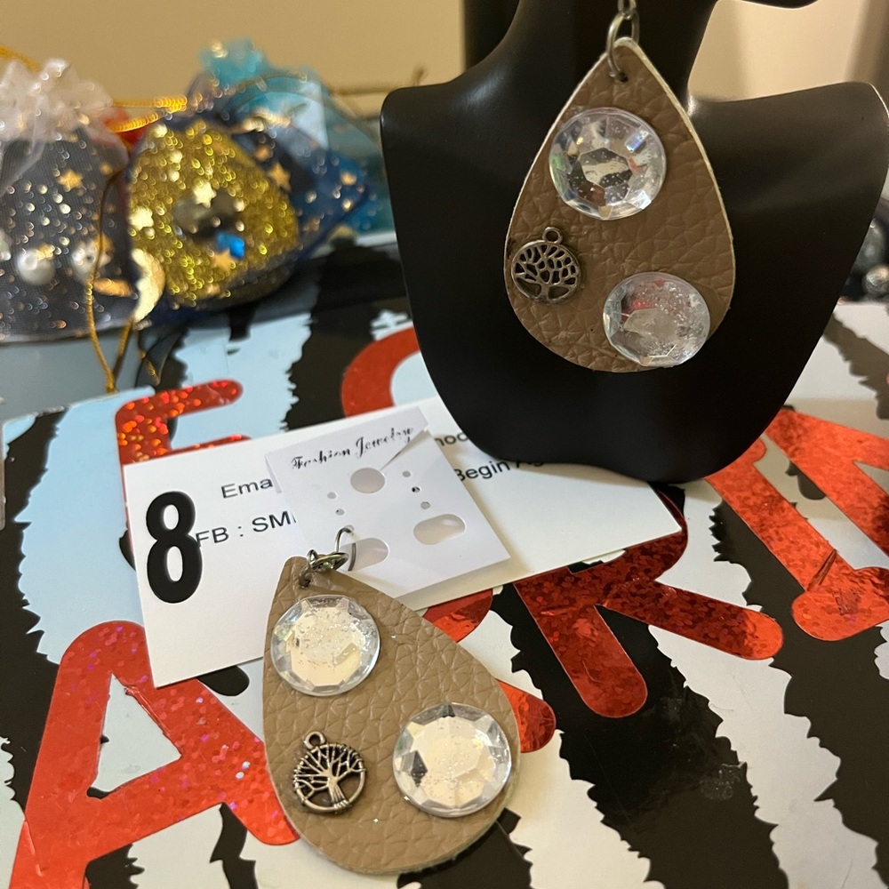 Brown Teardrop Earrings with Crystal Accents